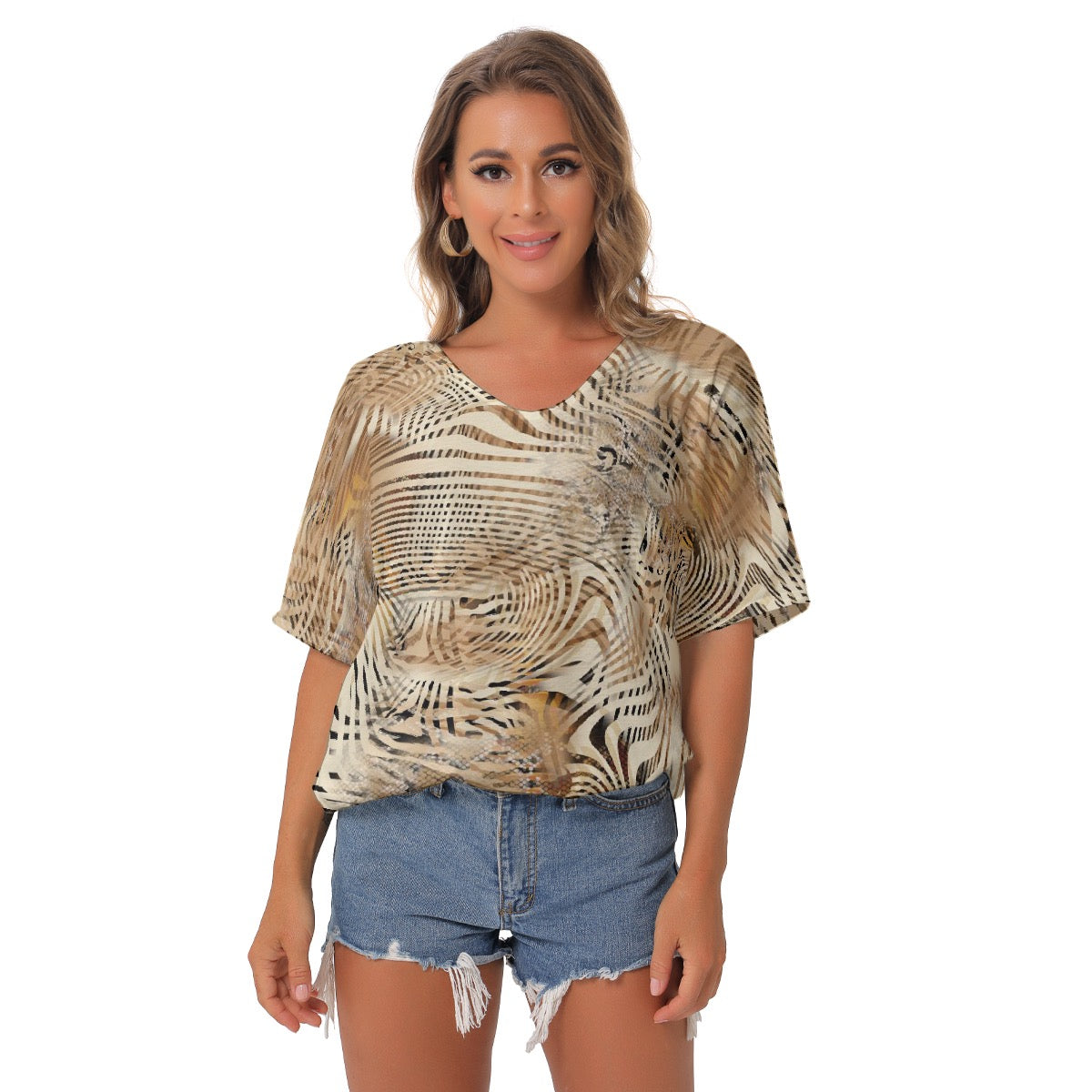 All-Over Print Women's Bat Sleeves V-Neck Blouse