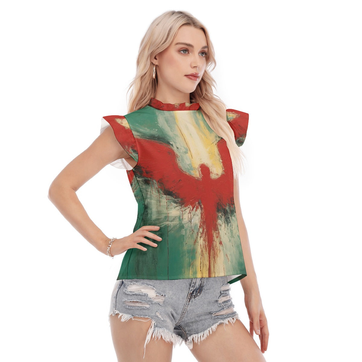 All-Over Print Women's Blouse With Ruffle Collar And Sleeve