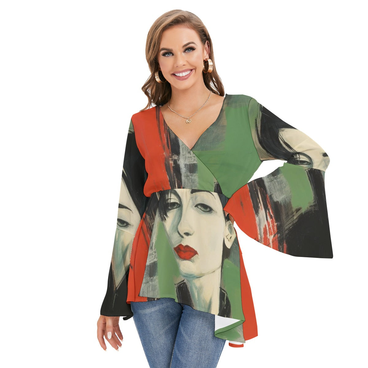 All-Over Print Women's V-neck Blouse With Flared Sleeves