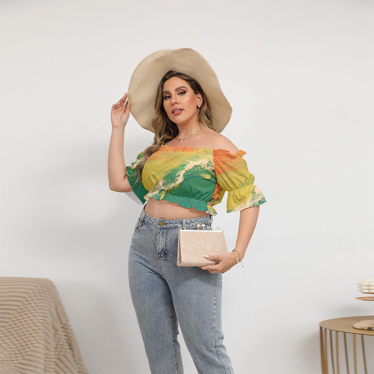 All-Over Print Women's Off-shoulder Cropped Top With Short Puff Sleeve