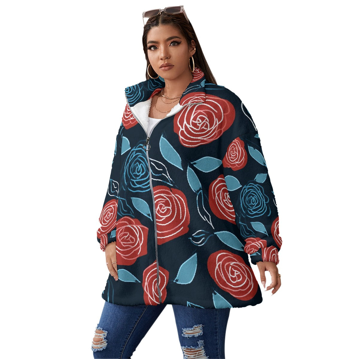 All-Over Print Unisex Borg Fleece Stand-up Collar Coat With Zipper Closure(Plus Size)