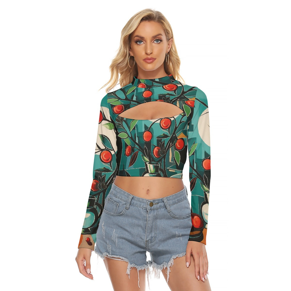 All-Over Print Women's Hollow Chest Keyhole Tight Crop Top