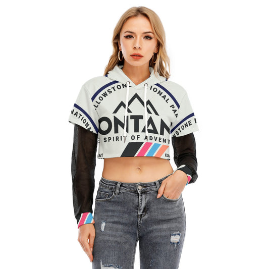 All-Over Print Women's Fake Two-piece Mesh Sleeve Cropped Hoodie