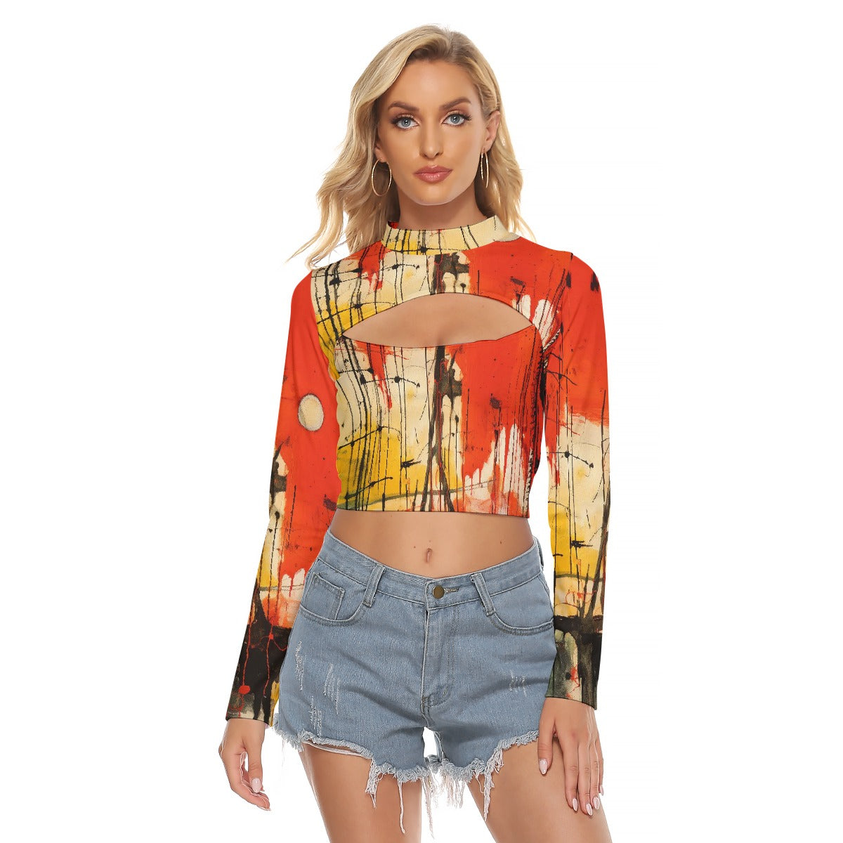 All-Over Print Women's Hollow Chest Keyhole Tight Crop Top
