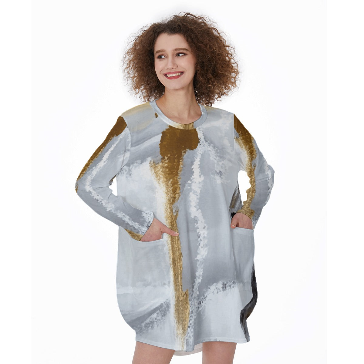 All-Over Print Women's Casual Loose Long Sleeve Dress With Pocket