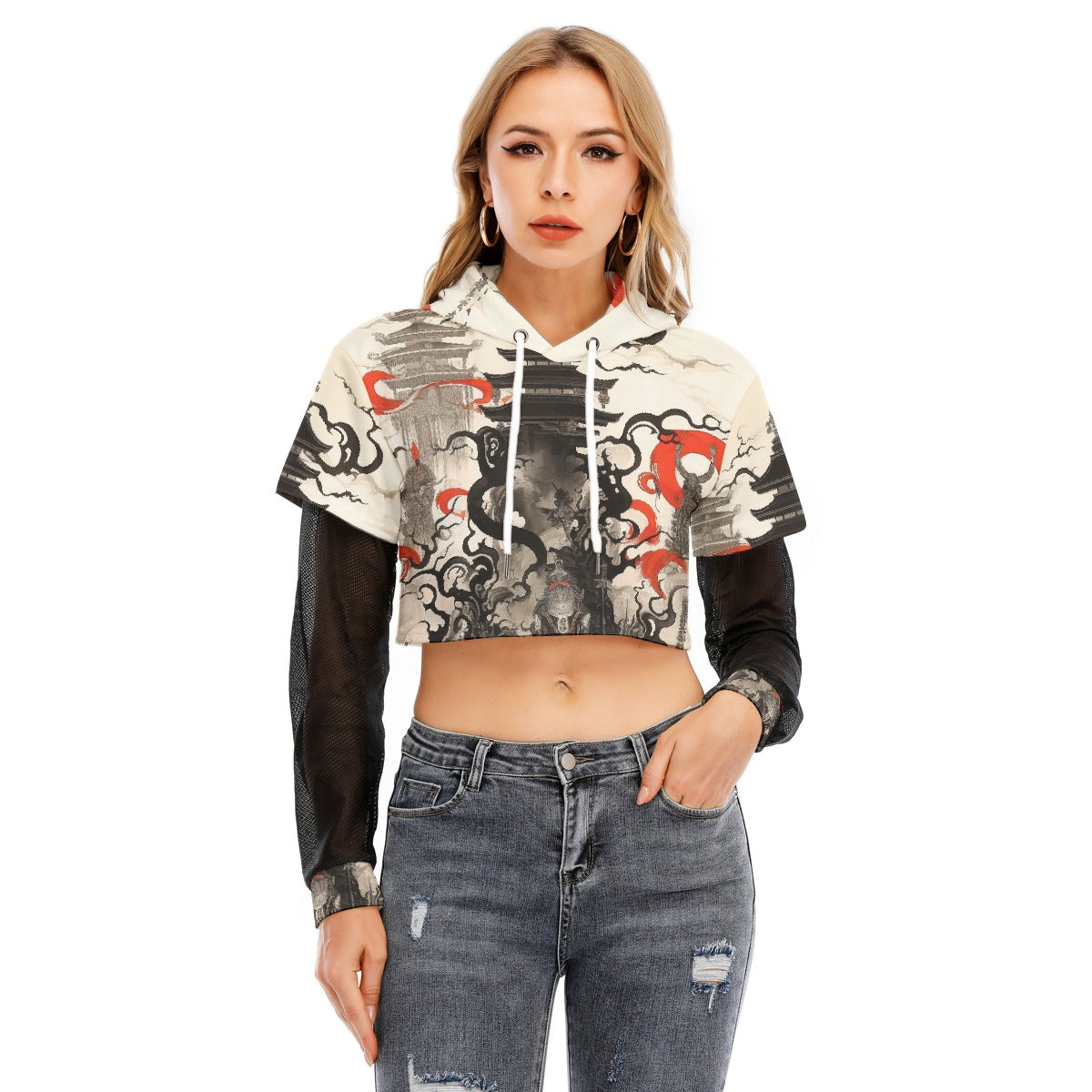 All-Over Print Women's Fake Two-piece Mesh Sleeve Cropped Hoodie