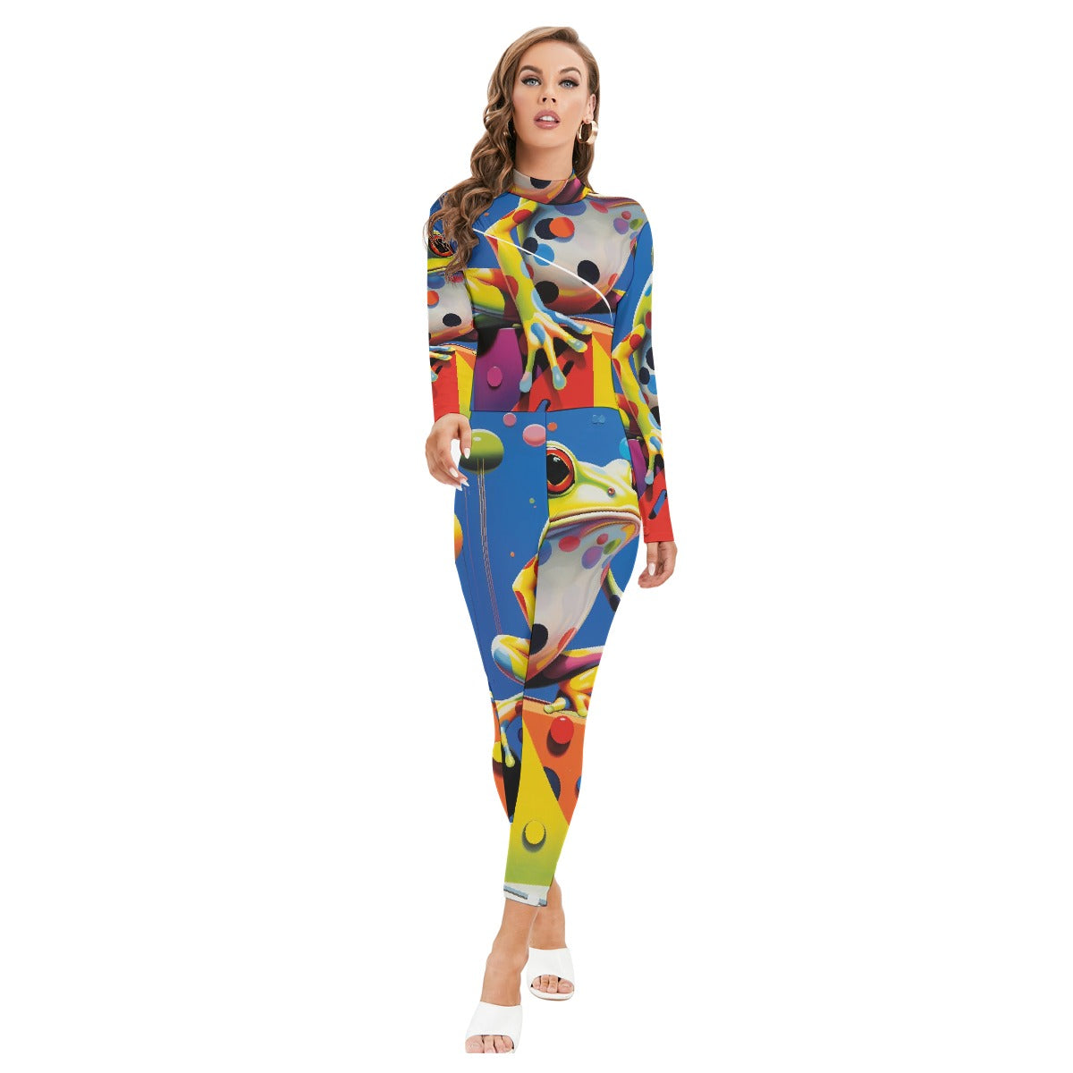 All-Over Print Women's Long-sleeved High-neck Jumpsuit With Zipper