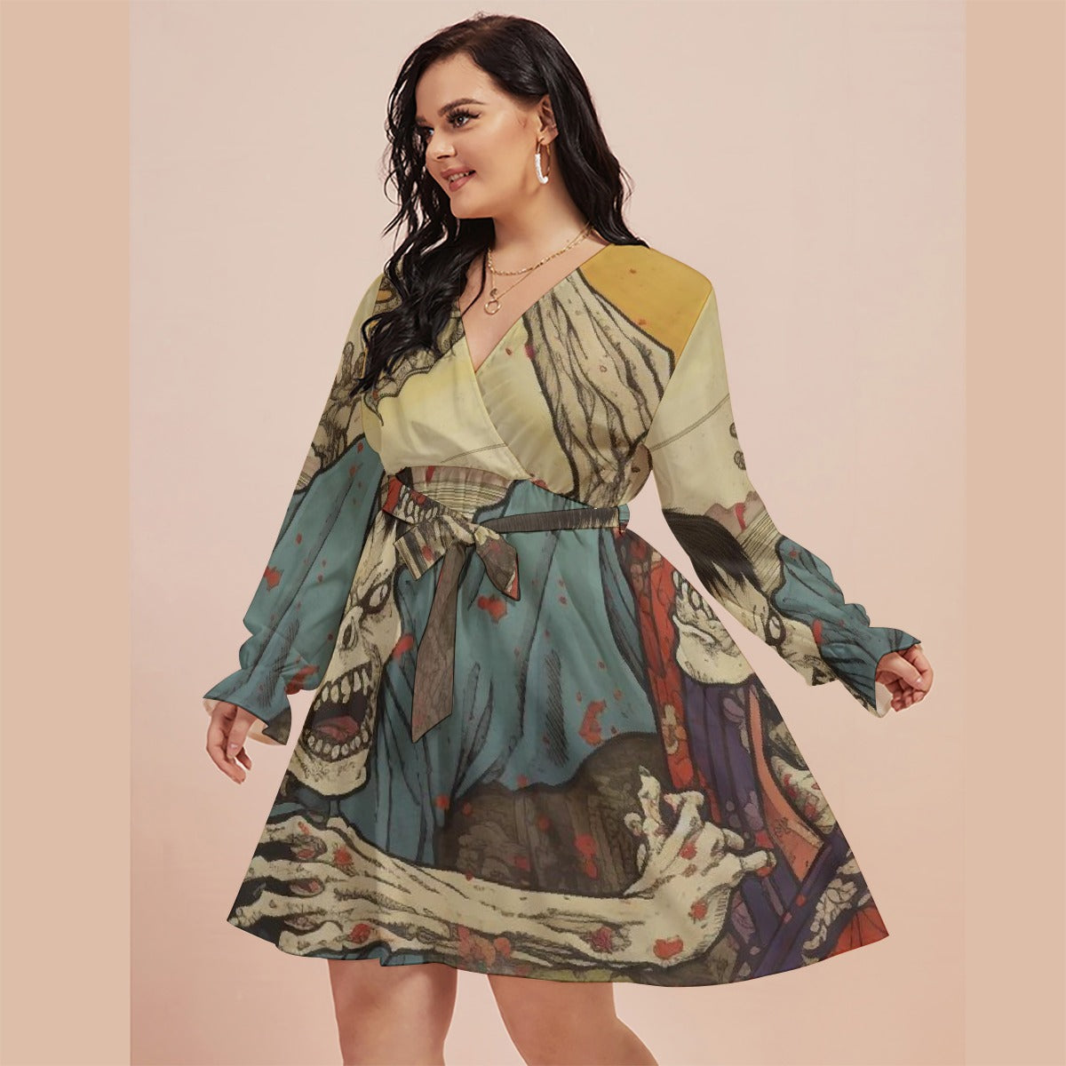 All-Over Print Women's V-neck Dress With Waistband(Plus Size)