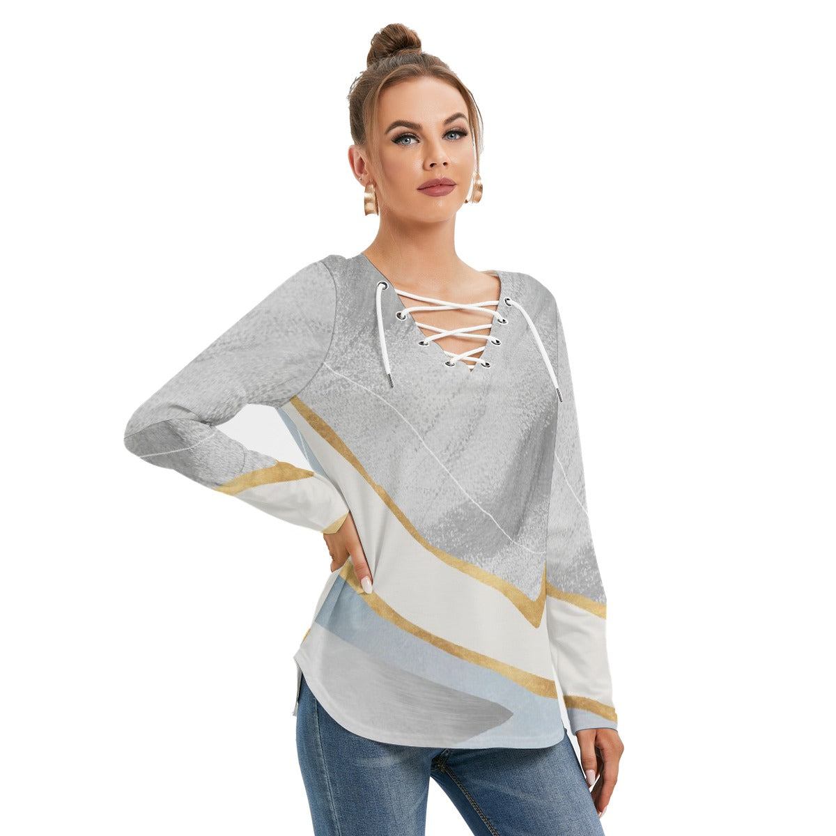 All-Over Print Women's Long Sleeve Neckline Tie Sweatshirt