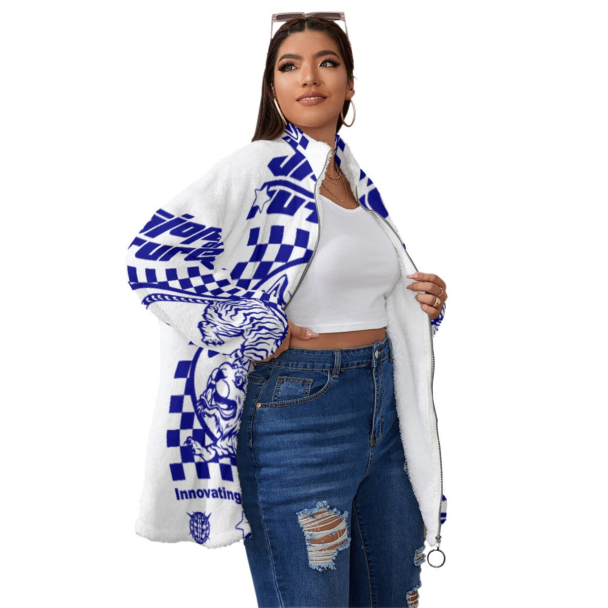 All-Over Print Unisex Borg Fleece Stand-up Collar Coat With Zipper Closure(Plus Size)