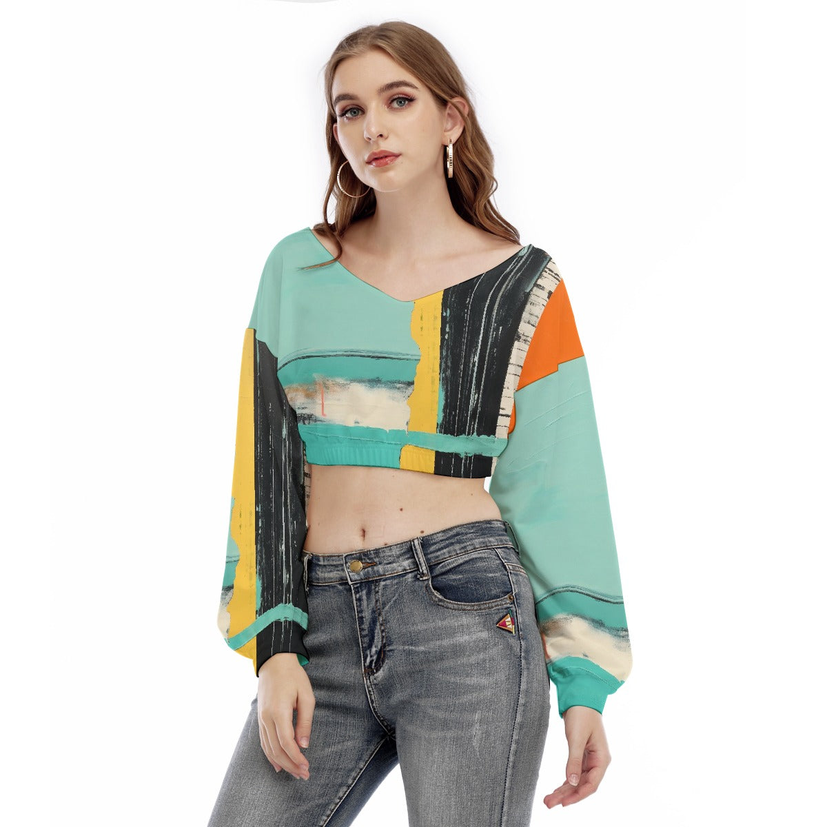 All-Over Print Women's V-neck Long Sleeve Cropped Sweatshirt