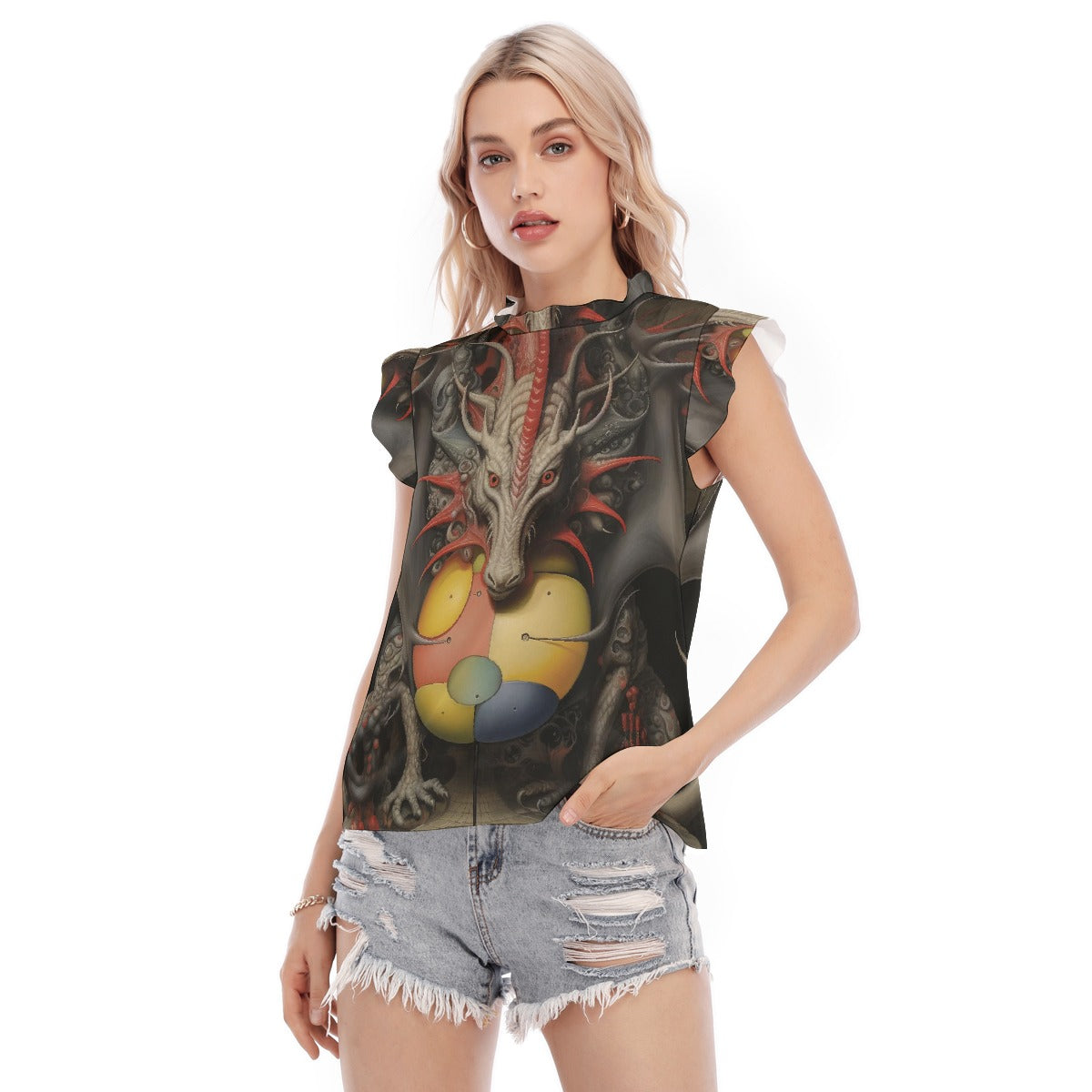 All-Over Print Women's Blouse With Ruffle Collar And Sleeve