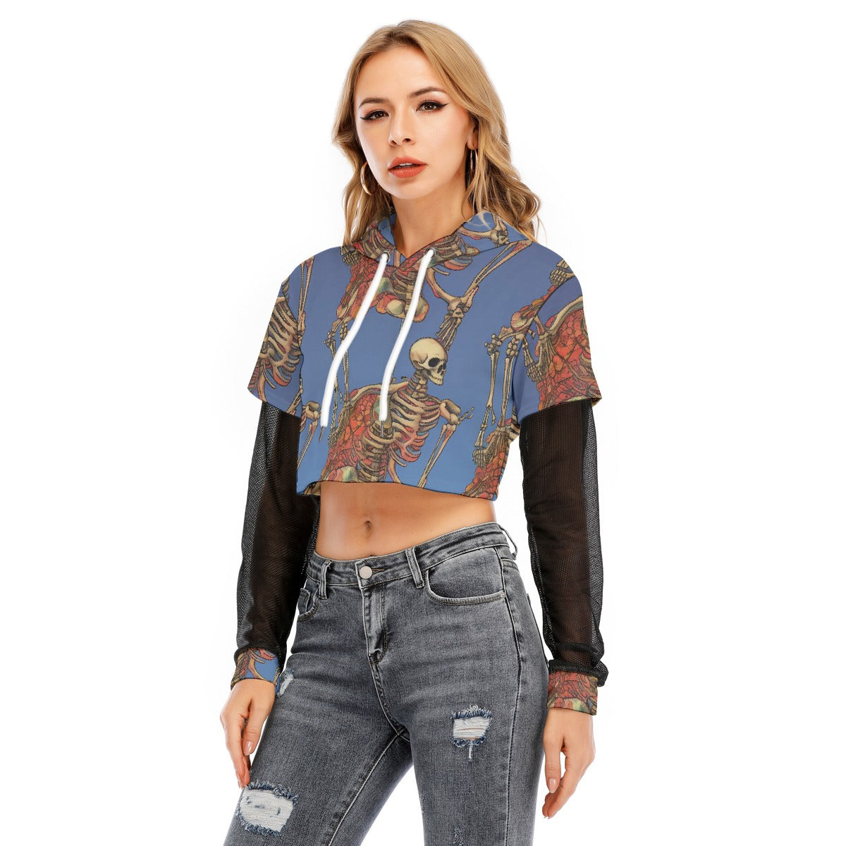All-Over Print Women's Fake Two-piece Mesh Sleeve Cropped Hoodie