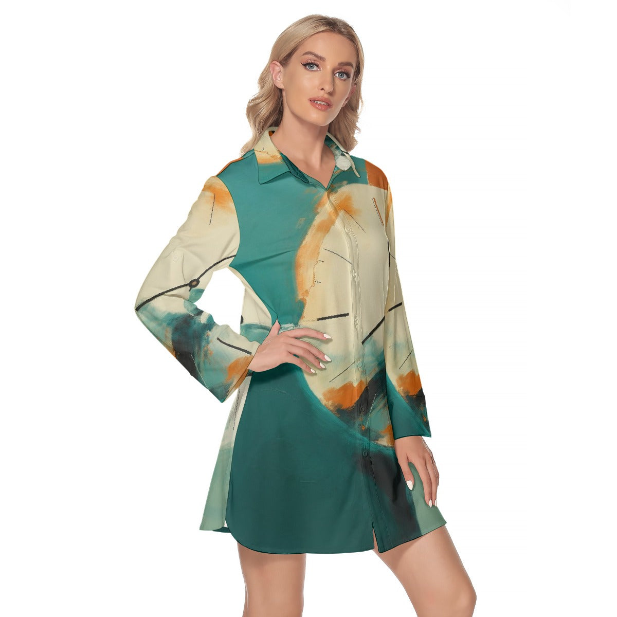 All-Over Print Women's Lapel Shirt Dress With Long Sleeve