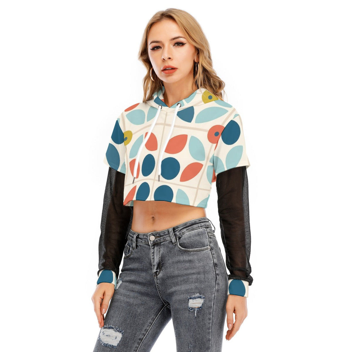All-Over Print Women's Fake Two-piece Mesh Sleeve Cropped Hoodie