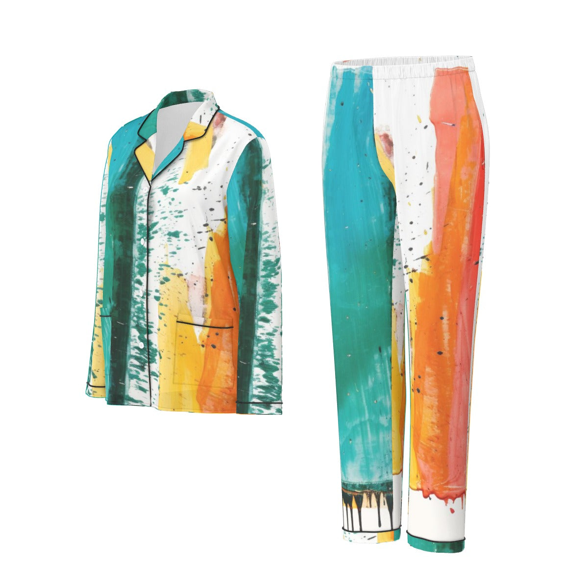 All-Over Print Women's Long Sleeve Pajama Set With Black Contrast Piping