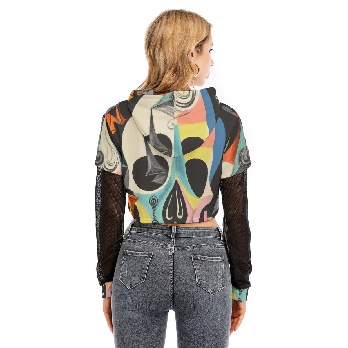All-Over Print Women's Fake Two-piece Mesh Sleeve Cropped Hoodie