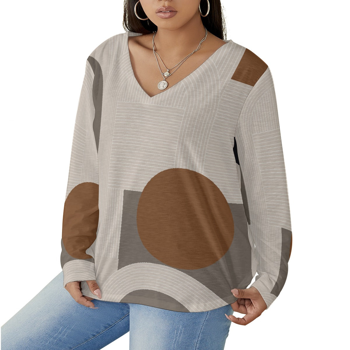 All-Over Print Women's V-neck T-shirt With Curved Hem(Plus Size)