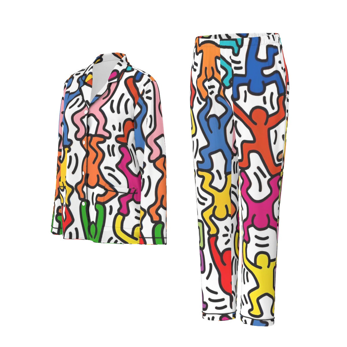 All-Over Print Women's Long Sleeve Pajama Set With Black Contrast Piping