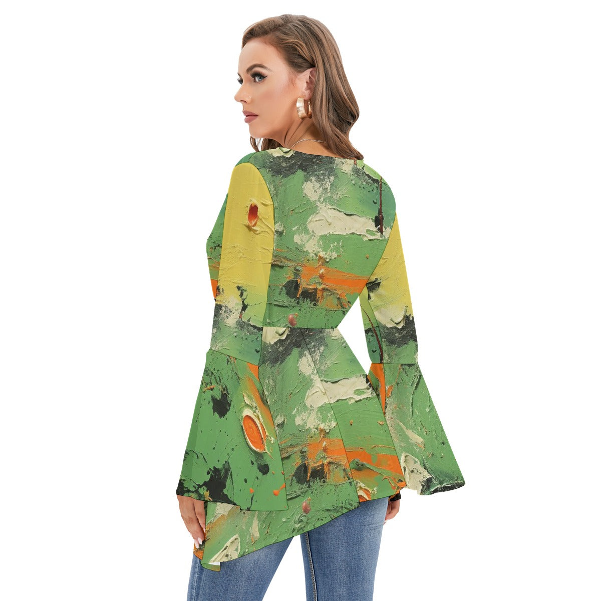 All-Over Print Women's V-neck Blouse With Flared Sleeves
