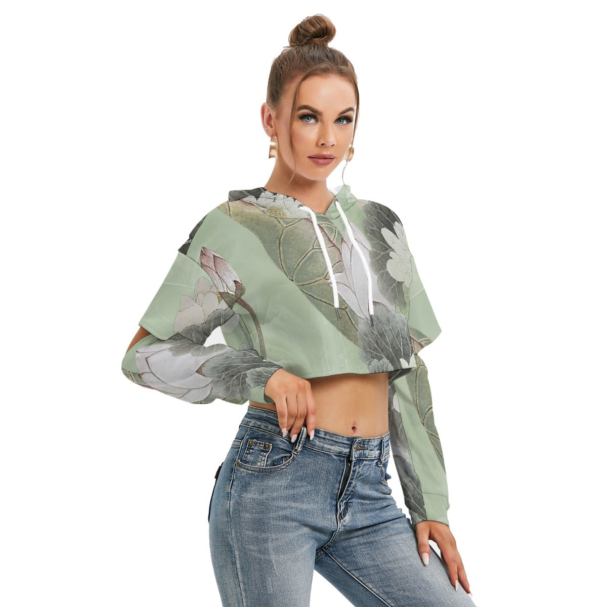 All-Over Print Women's Heavy Fleece Hoodie With Hollow Out Sleeve