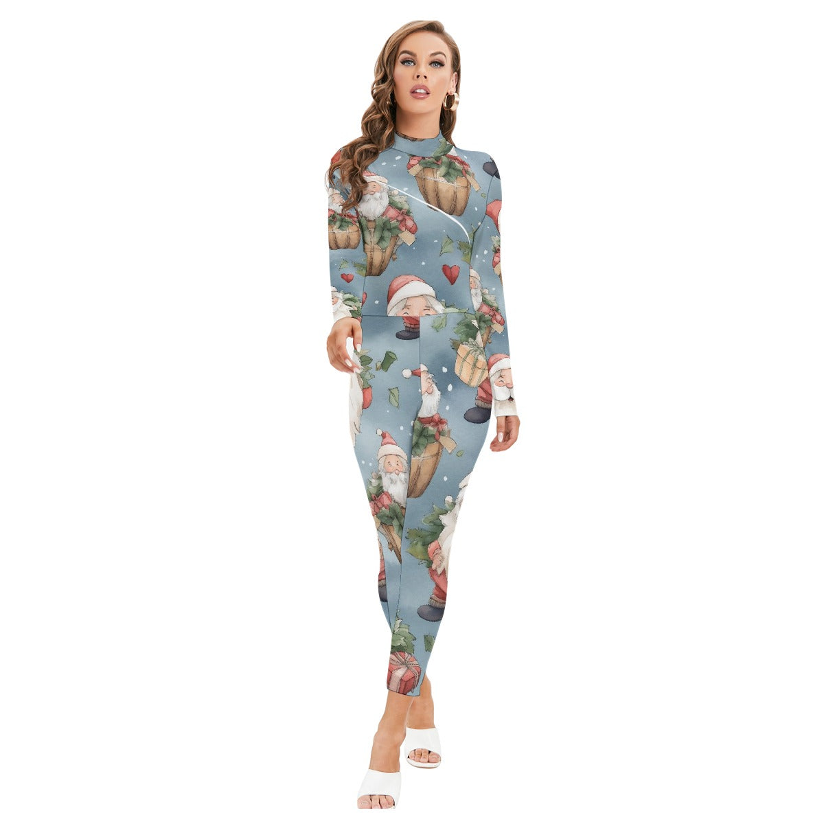 All-Over Print Women's Long-sleeved High-neck Jumpsuit With Zipper