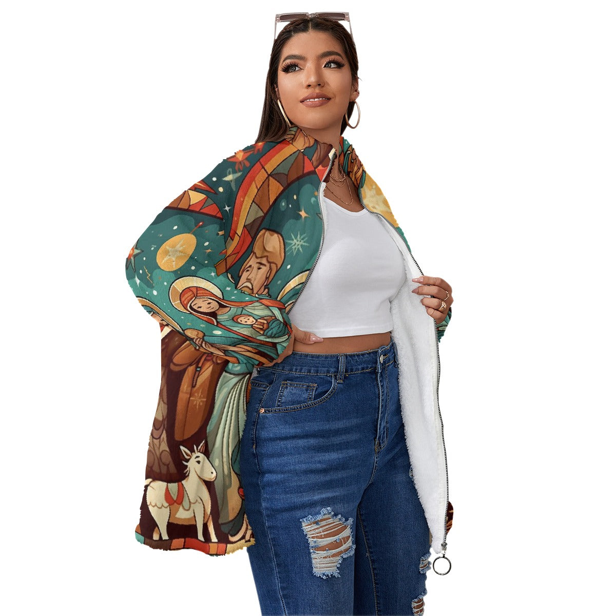 All-Over Print Unisex Borg Fleece Stand-up Collar Coat With Zipper Closure(Plus Size)