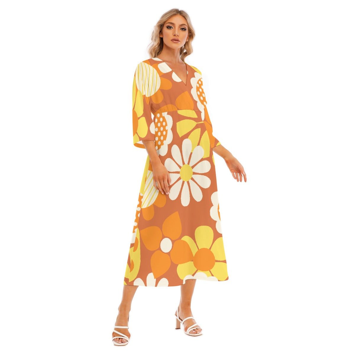 All-Over Print Women's Mid-Sleeve Long Dress