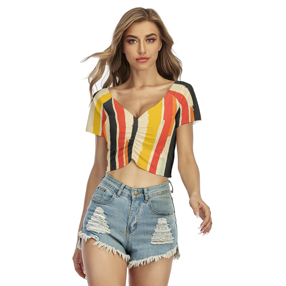 All-Over Print Women's Raglan Drawstring Front  Crop Tee