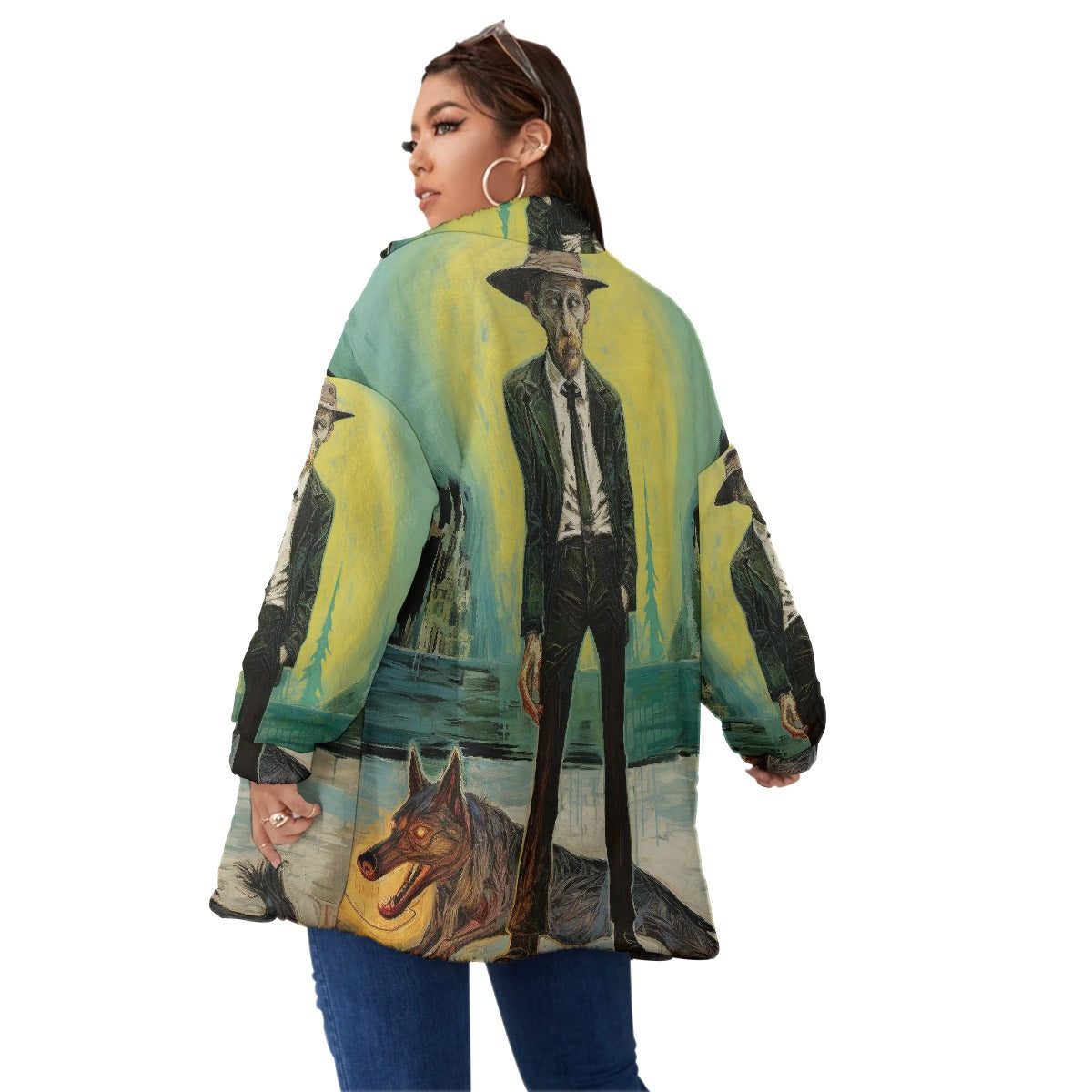 All-Over Print Unisex Borg Fleece Stand-up Collar Coat With Zipper Closure(Plus Size)