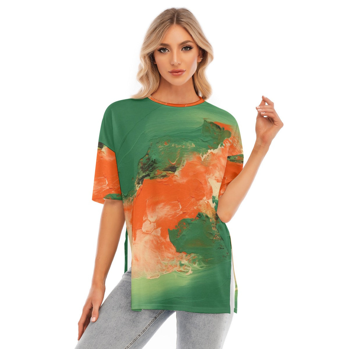 All-Over Print Women's Short Sleeves T-shirt With Hem Split