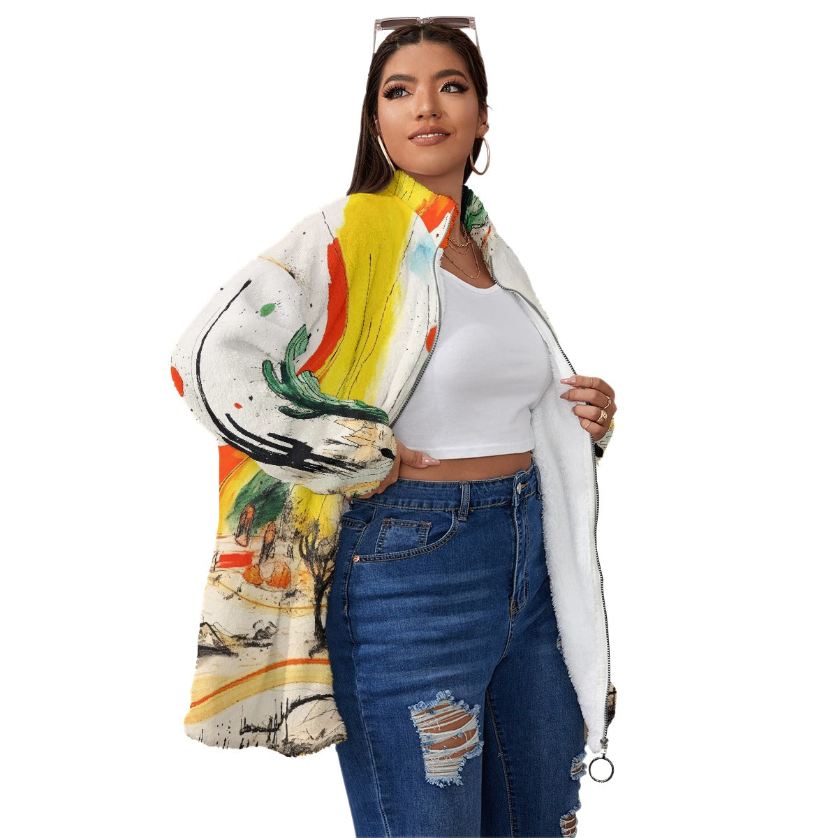 All-Over Print Unisex Borg Fleece Stand-up Collar Coat With Zipper Closure(Plus Size)