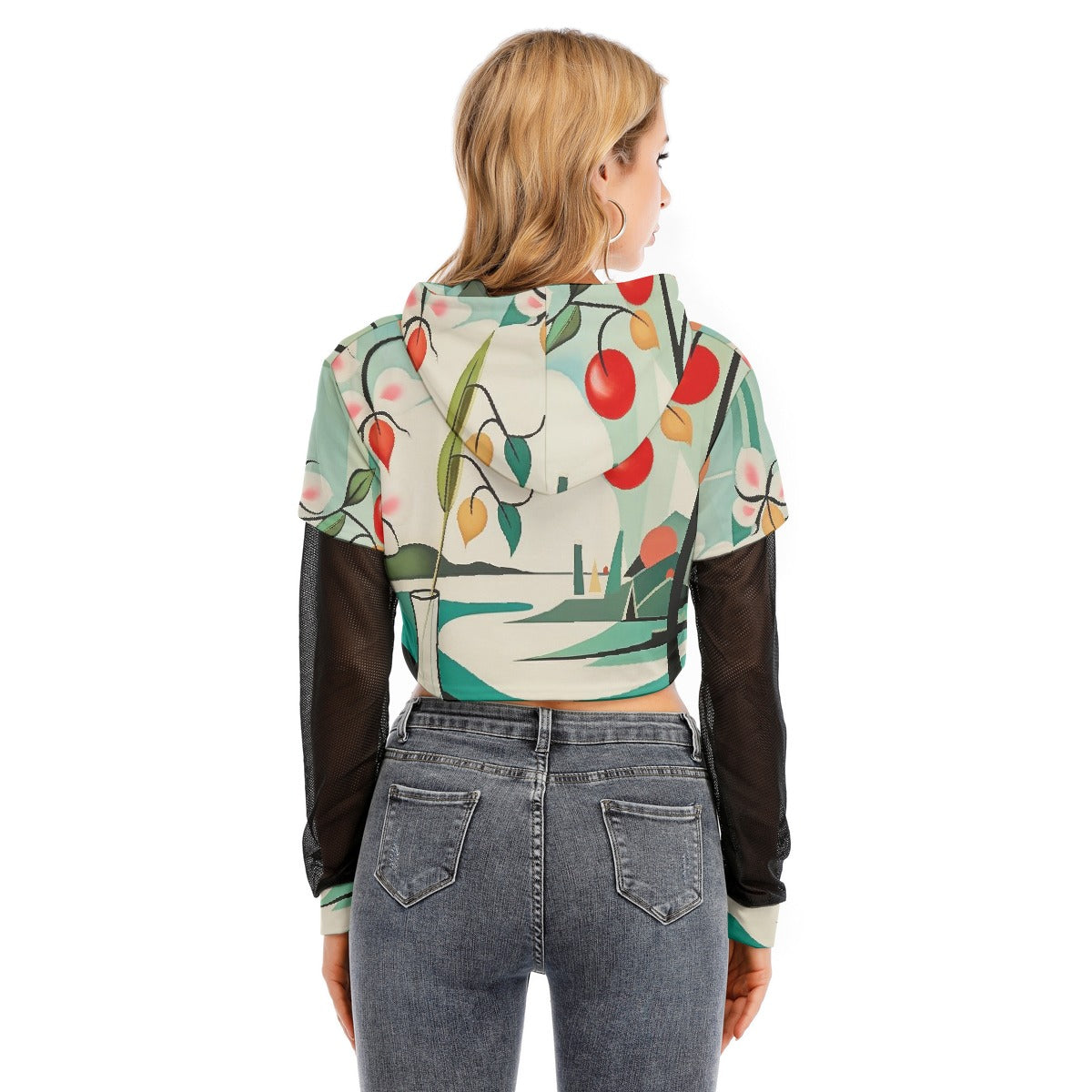 All-Over Print Women's Fake Two-piece Mesh Sleeve Cropped Hoodie