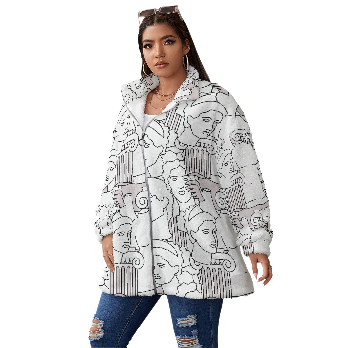 All-Over Print Unisex Borg Fleece Stand-up Collar Coat With Zipper Closure(Plus Size)