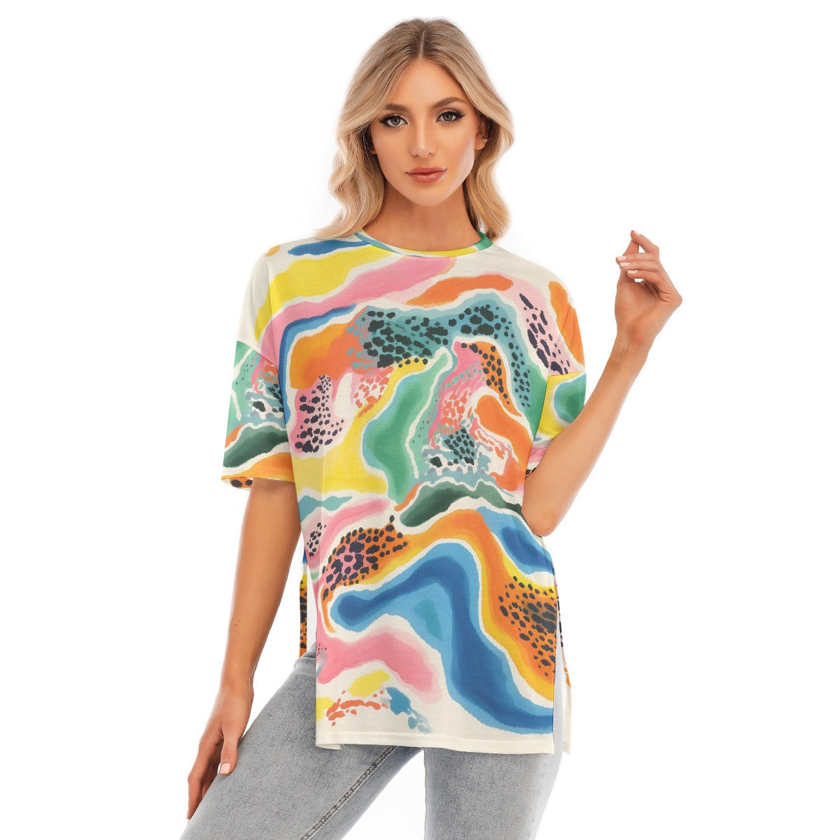 All-Over Print Women's Short Sleeves T-shirt With Hem Split