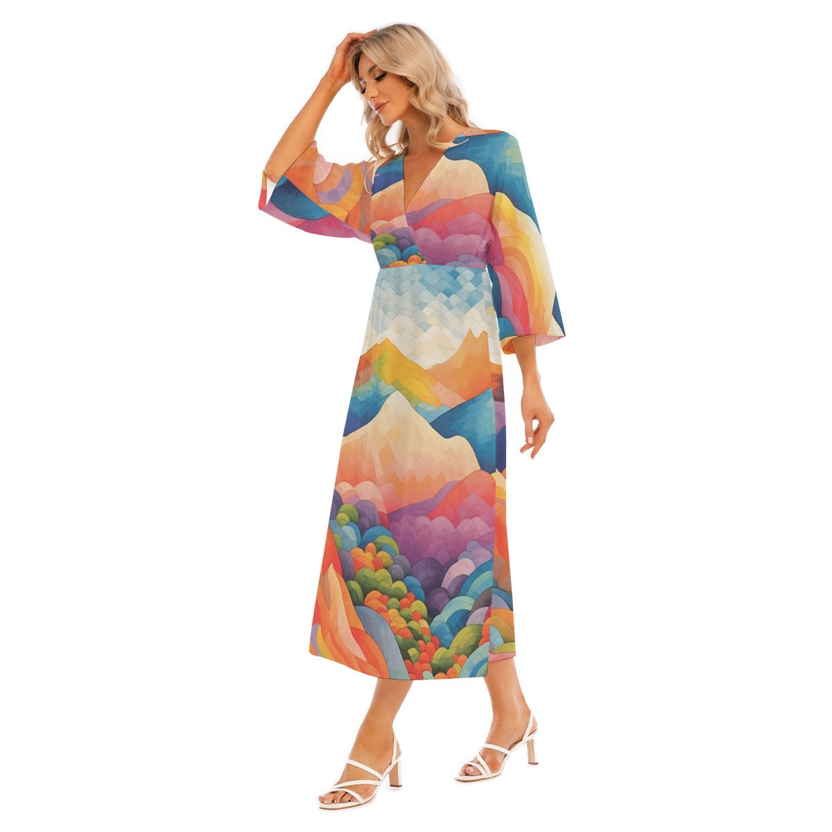 All-Over Print Women's Mid-Sleeve Long Dress