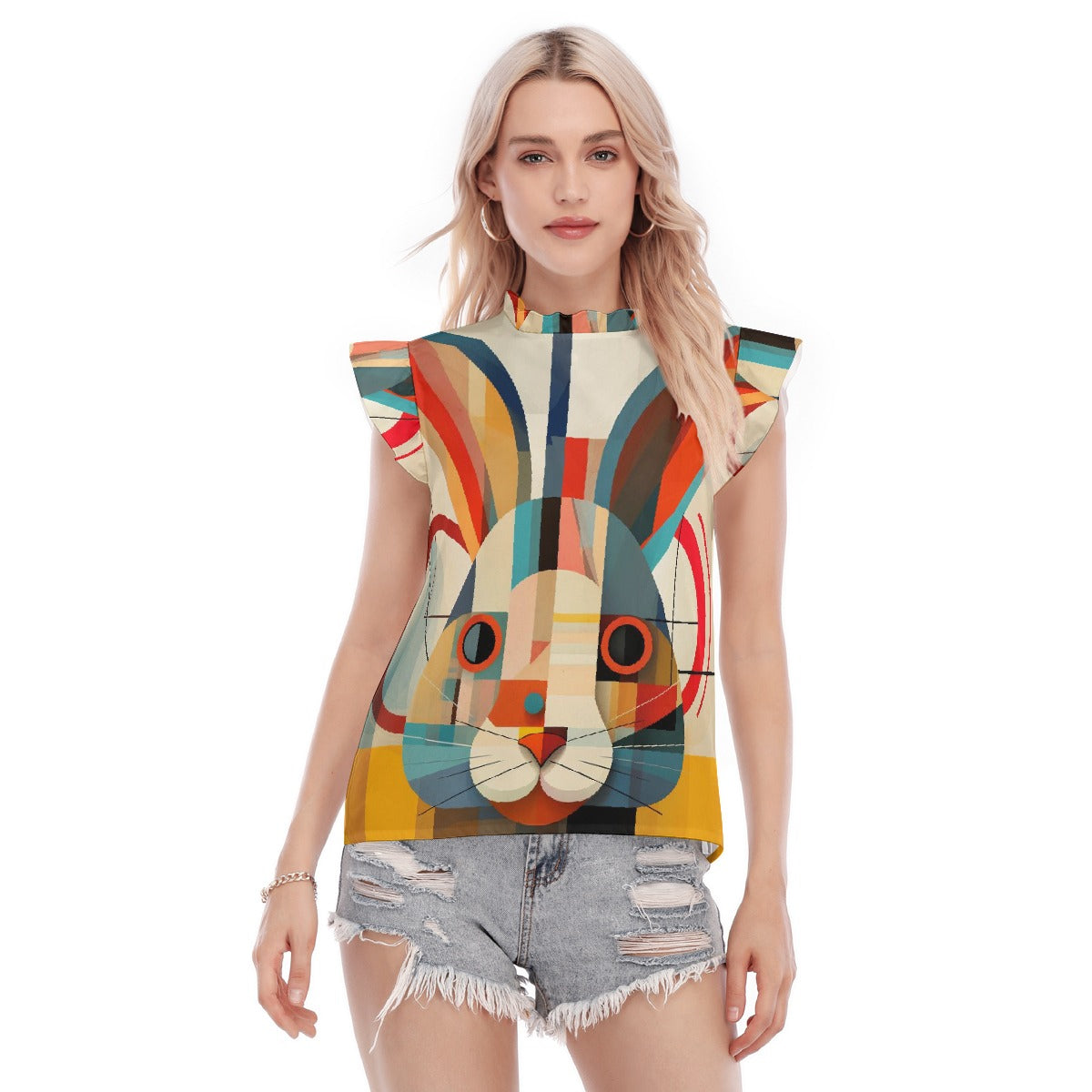 All-Over Print Women's Blouse With Ruffle Collar And Sleeve