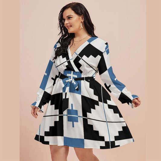 All-Over Print Women's V-neck Dress With Waistband(Plus Size)