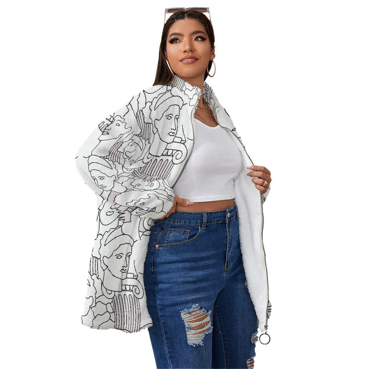 All-Over Print Unisex Borg Fleece Stand-up Collar Coat With Zipper Closure(Plus Size)