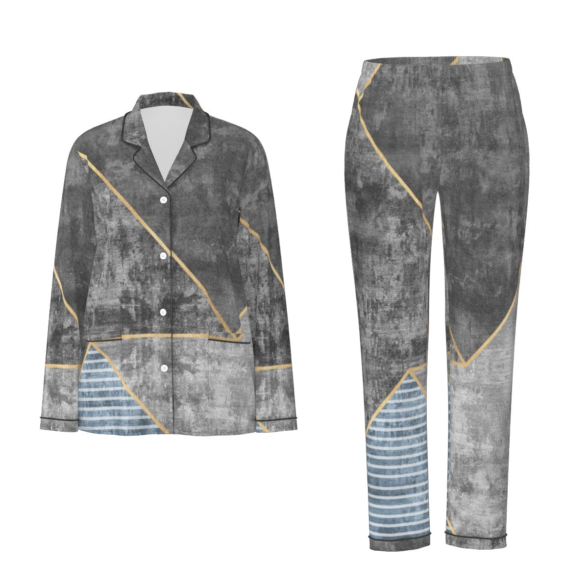 All-Over Print Women's Long Sleeve Pajama Set With Black Contrast Piping