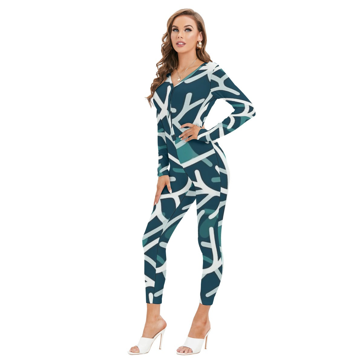 All-Over Print Women's Plunging Neck Jumpsuit