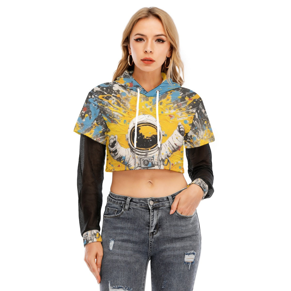 All-Over Print Women's Fake Two-piece Mesh Sleeve Cropped Hoodie