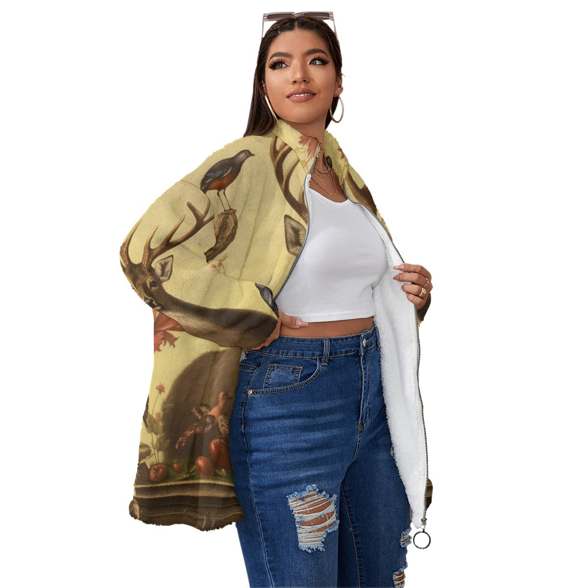 All-Over Print Unisex Borg Fleece Stand-up Collar Coat With Zipper Closure(Plus Size)