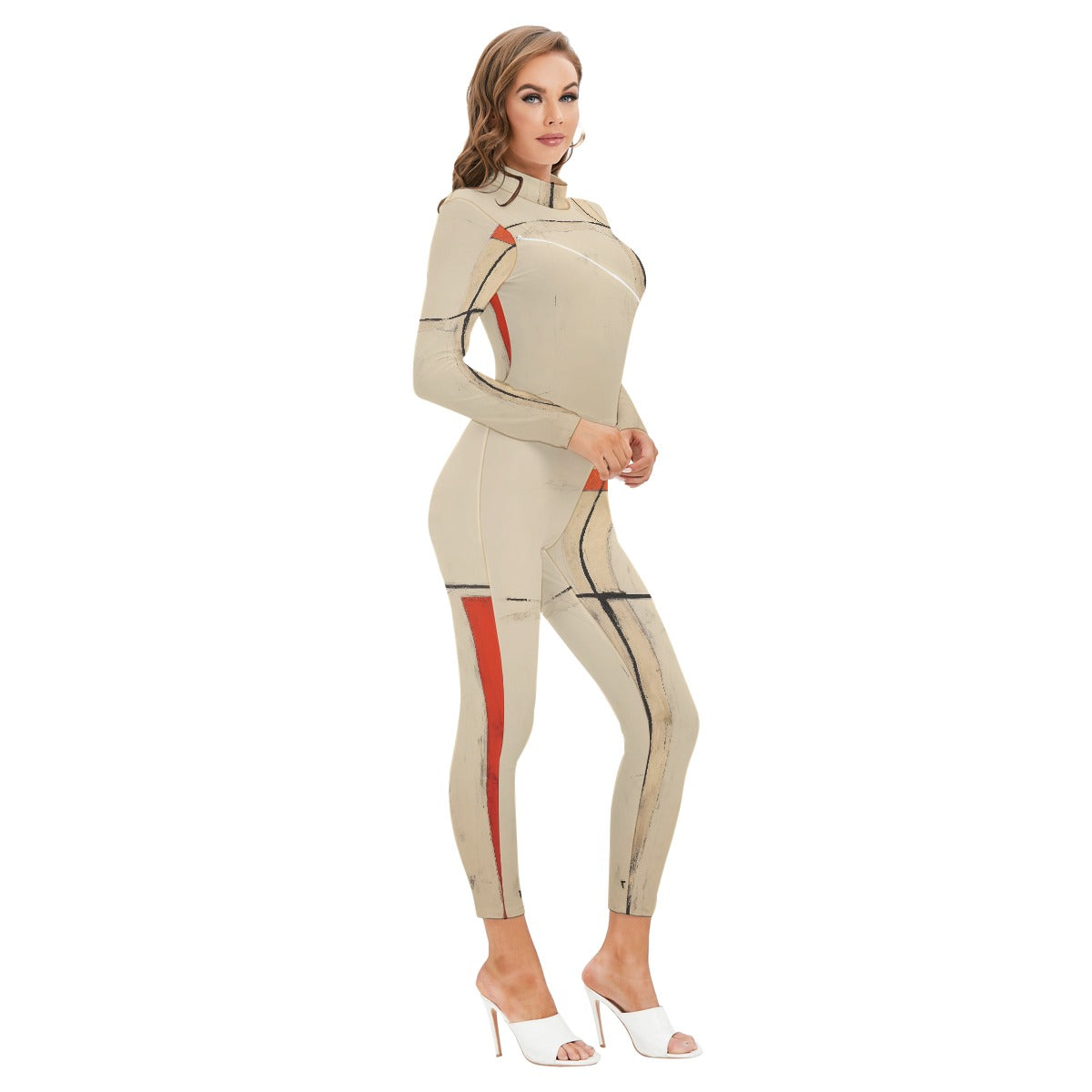 All-Over Print Women's Long-sleeved High-neck Jumpsuit With Zipper