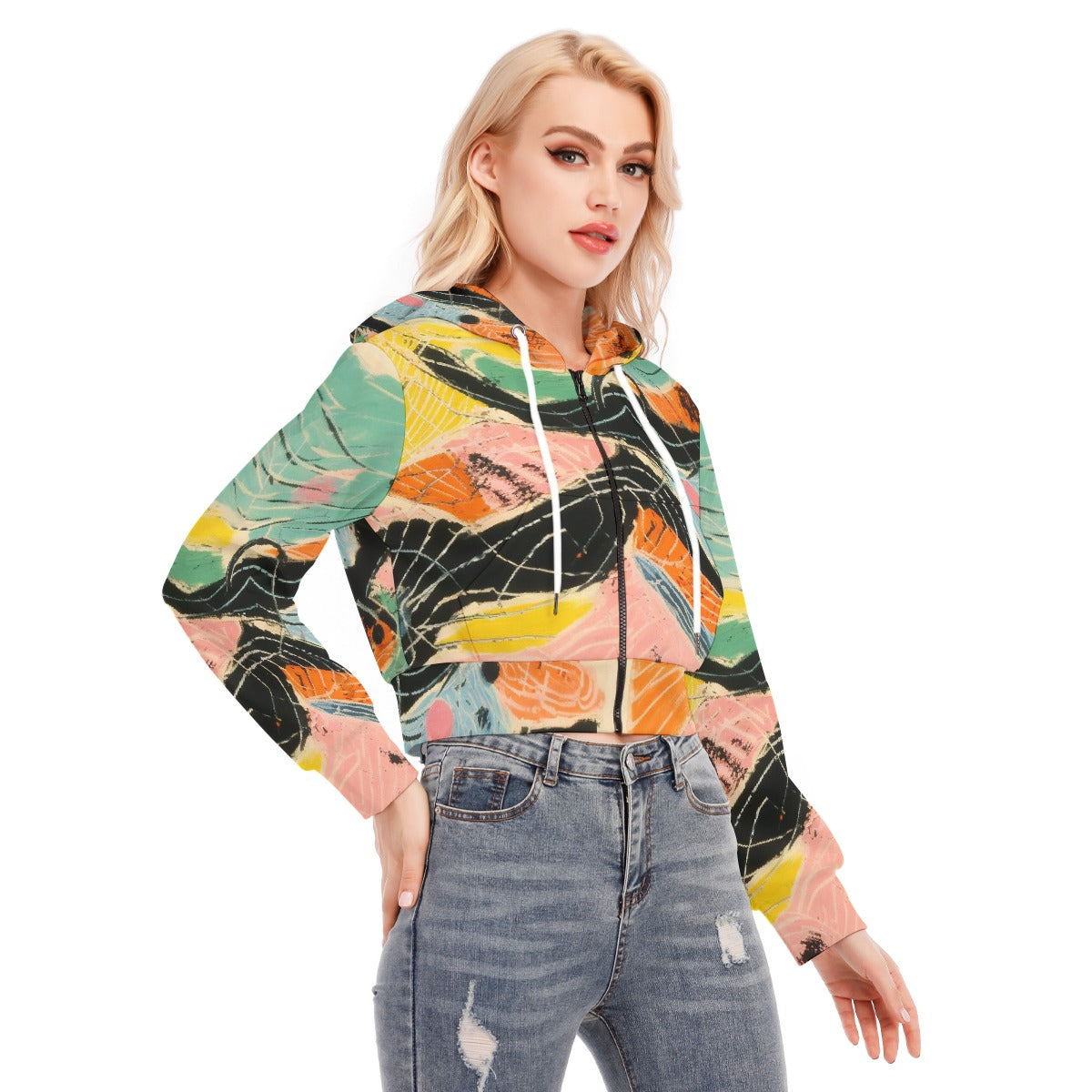 All-Over Print Women's Crop Top Hoodie With Zipper Closure