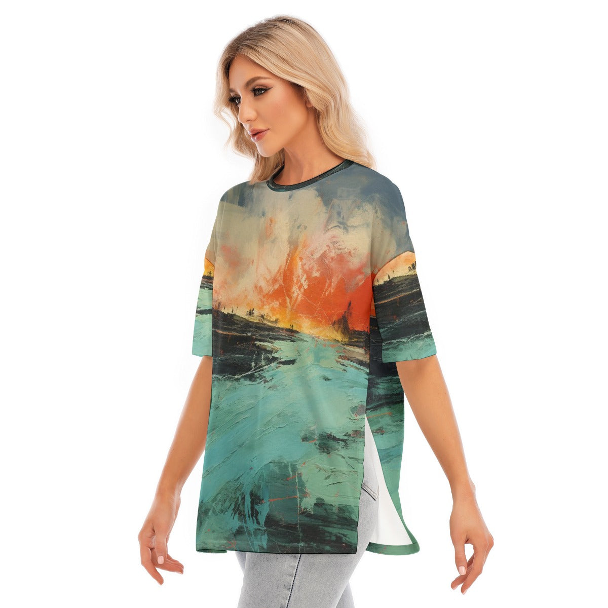 All-Over Print Women's Short Sleeves T-shirt With Hem Split