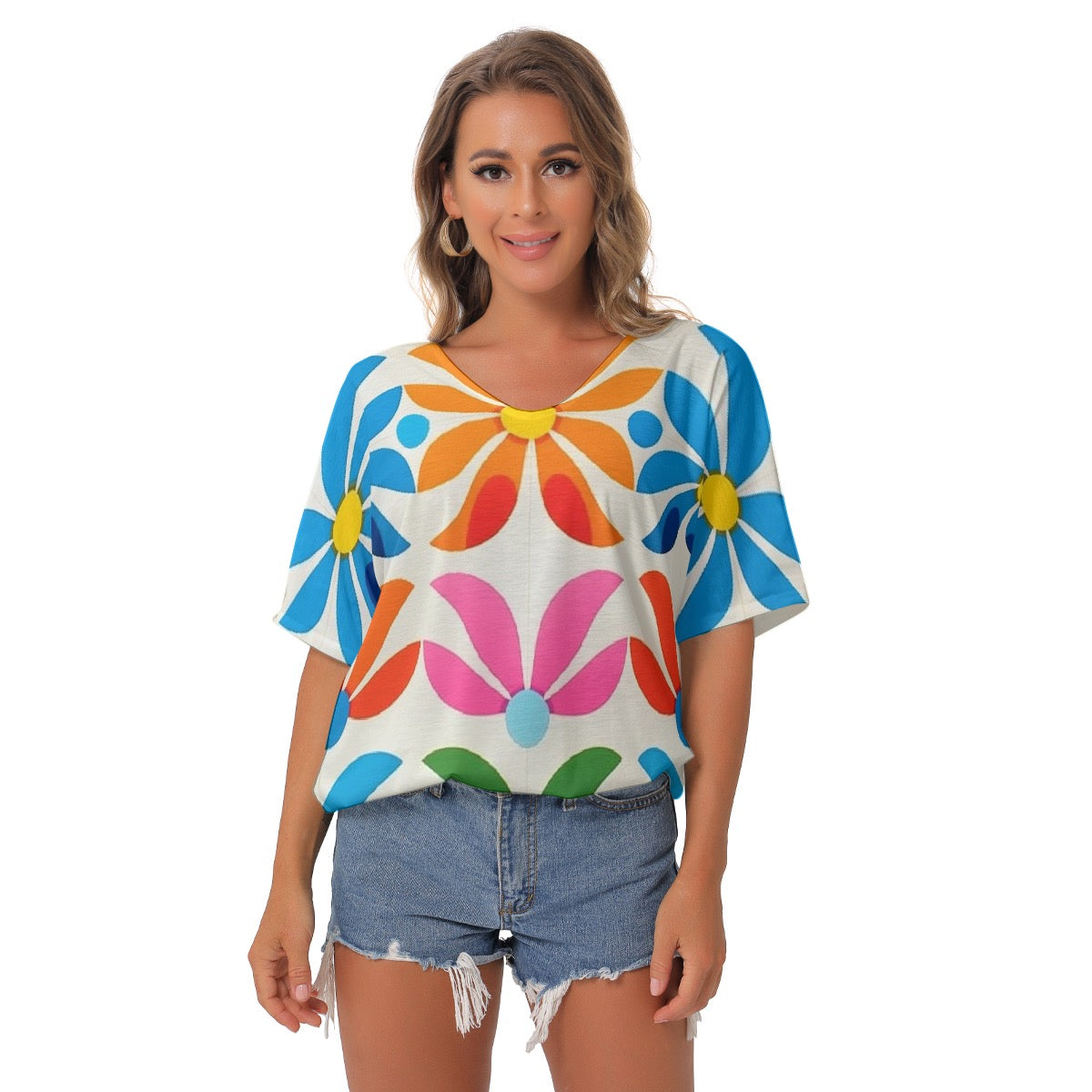 All-Over Print Women's Bat Sleeves V-Neck Blouse