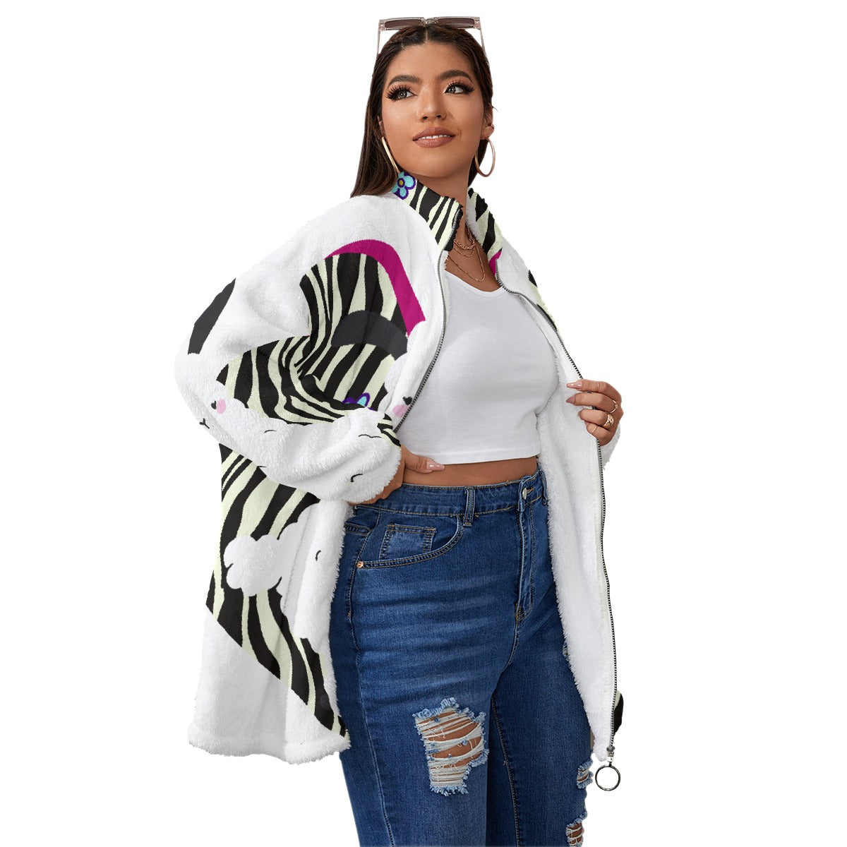 All-Over Print Unisex Borg Fleece Stand-up Collar Coat With Zipper Closure(Plus Size)