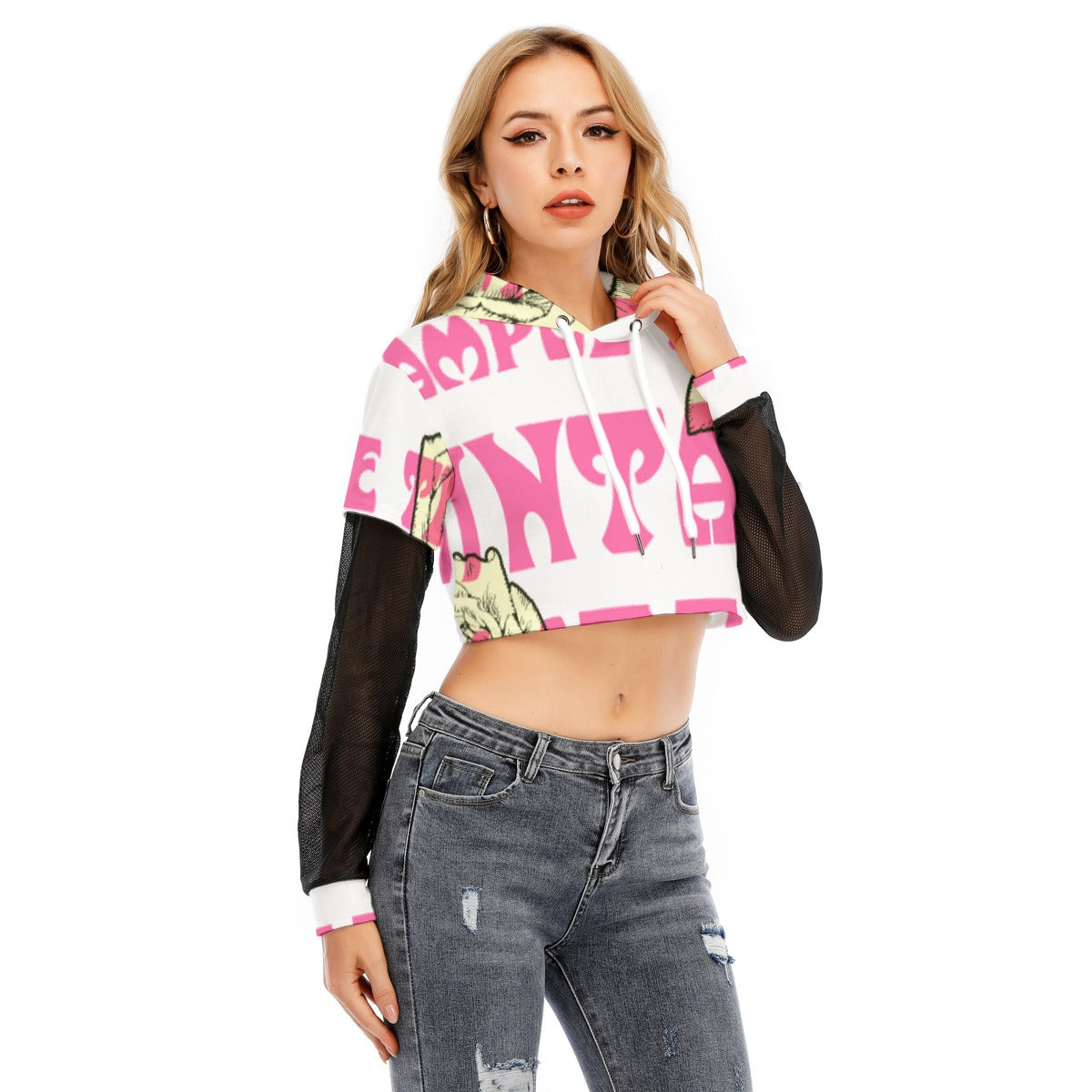 All-Over Print Women's Fake Two-piece Mesh Sleeve Cropped Hoodie
