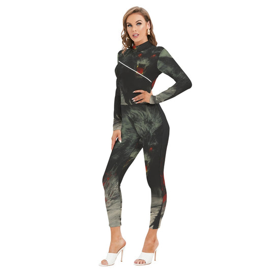 All-Over Print Women's Long-sleeved High-neck Jumpsuit With Zipper